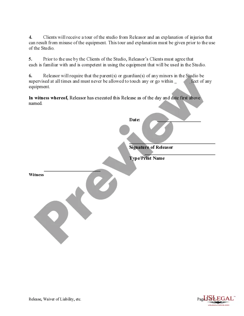 Get Release, Waiver of Liability and Indemnification for Using Studio for Photography or Television Productions Preview Release, Waiver of Liability and Indemnification for Using Studio for Photography or Television Productions