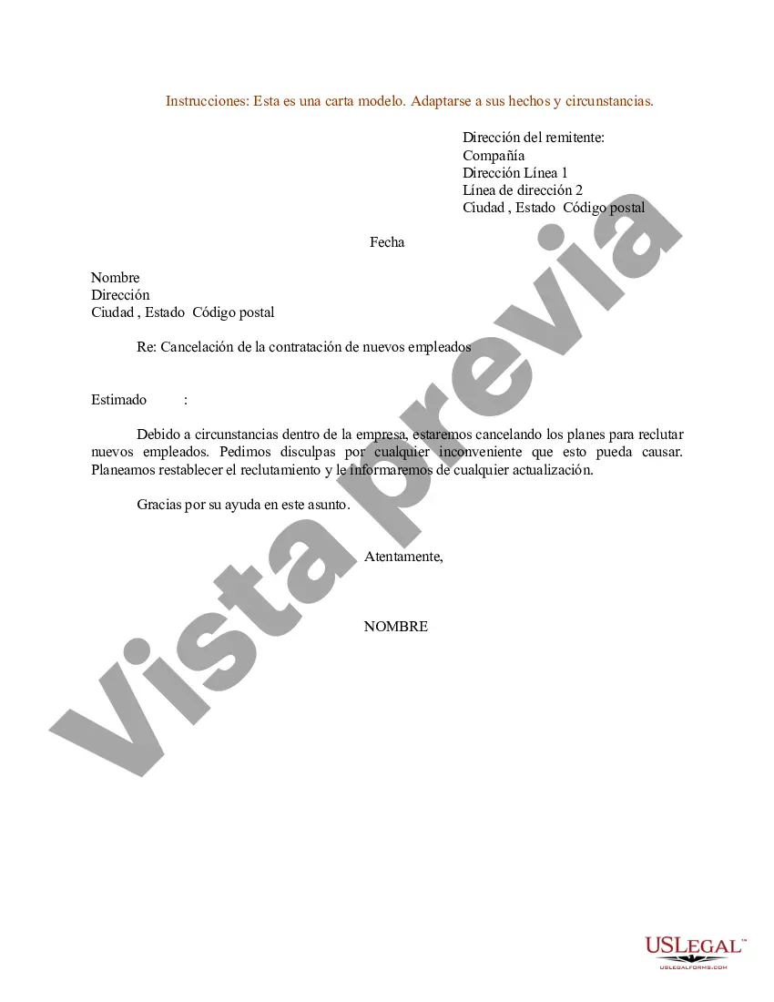 Preview Ejemplo de carta de notificación de cancelación de contratación de nuevos empleados