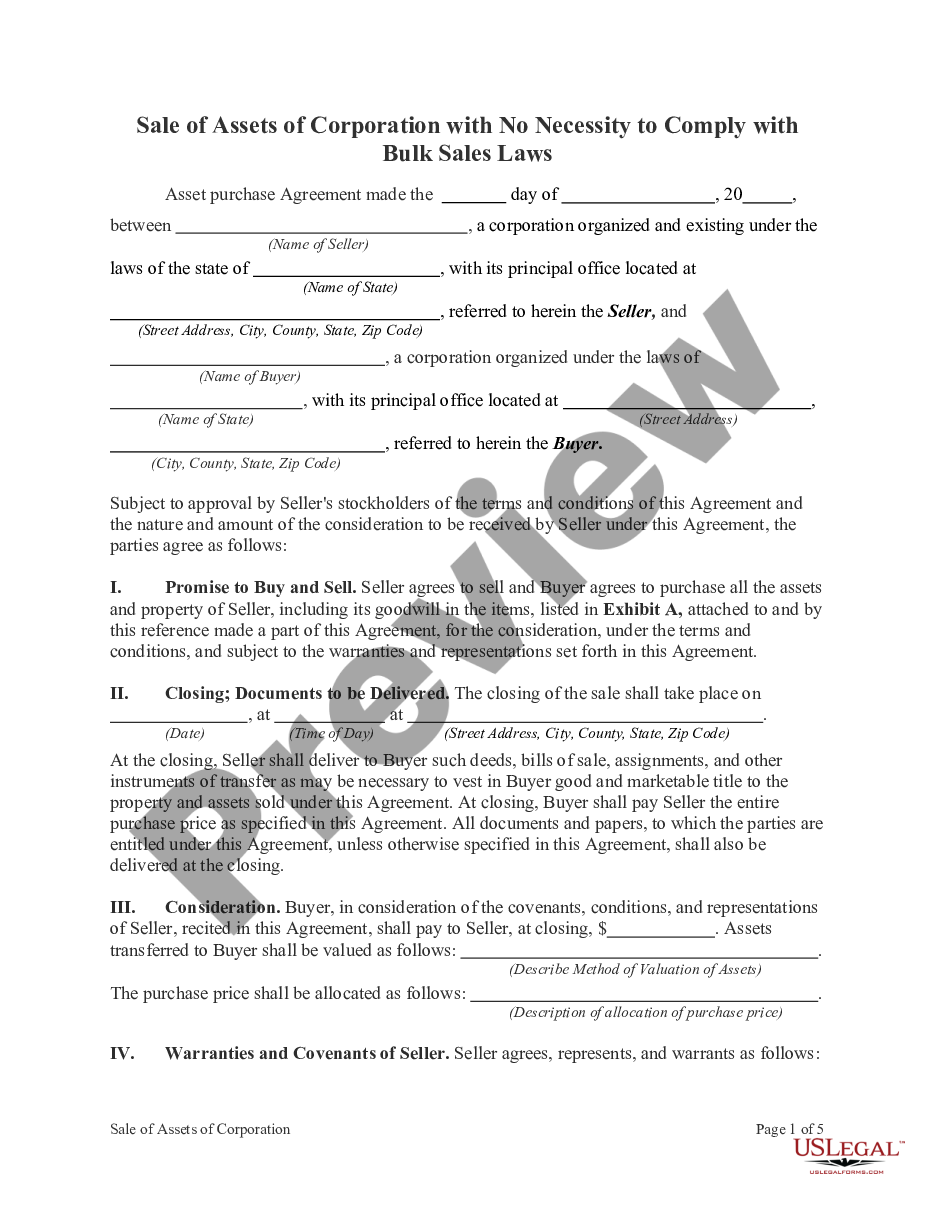 page 0 Sale of Assets of Corporation with No Necessity to Comply with Bulk Sales Laws preview