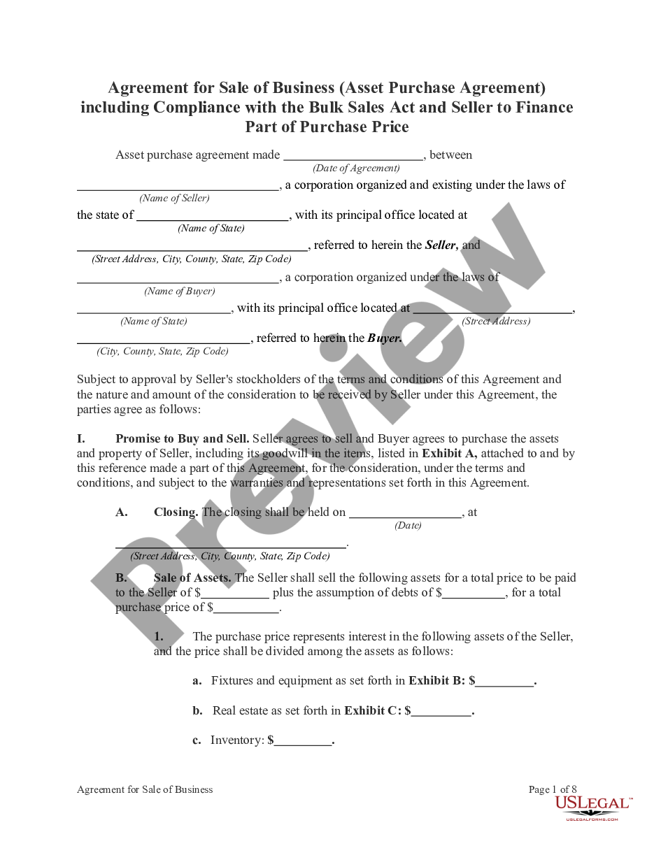 page 0 Agreement for Sale of Business Including Compliance with Bulk Sales Act and Seller to Finance Part of Purchase Price preview