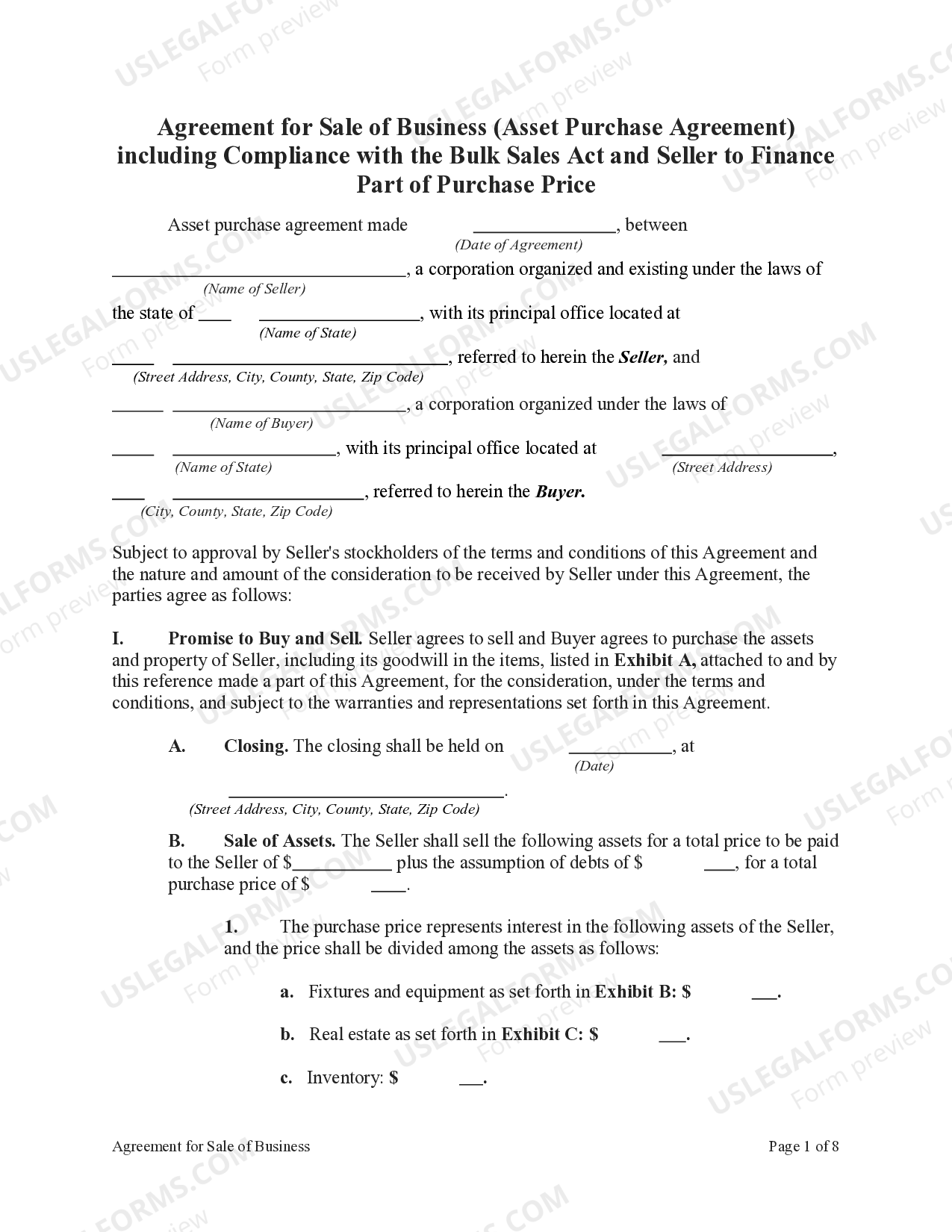 Agreement for Sale of Business Including Compliance with Bulk Sales Act and Seller to Finance