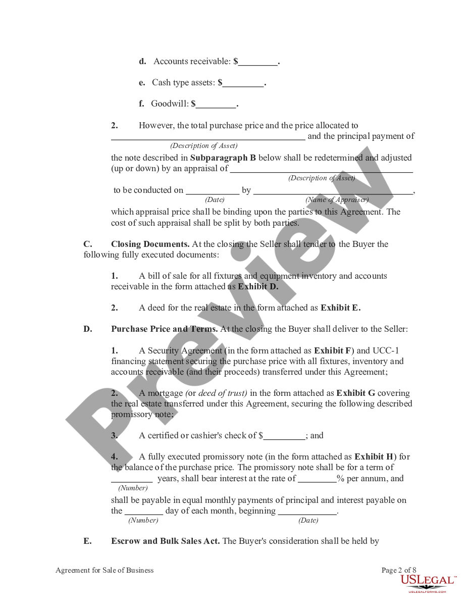 page 1 Agreement for Sale of Business Including Compliance with Bulk Sales Act and Seller to Finance Part of Purchase Price preview