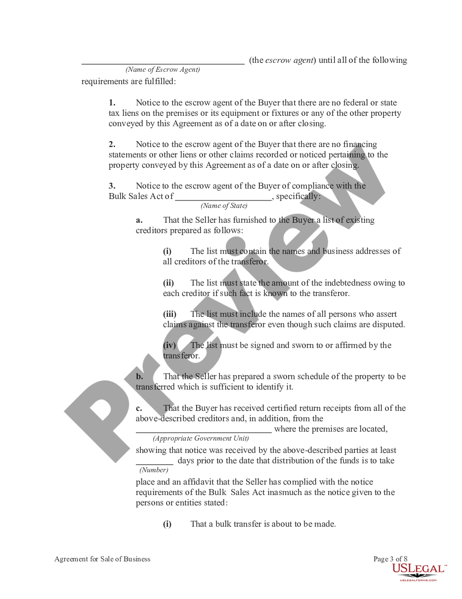 page 2 Agreement for Sale of Business Including Compliance with Bulk Sales Act and Seller to Finance Part of Purchase Price preview