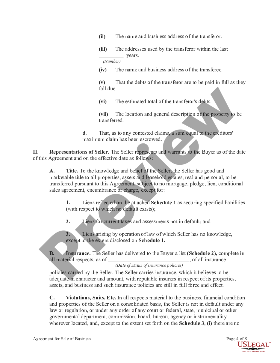 page 3 Agreement for Sale of Business Including Compliance with Bulk Sales Act and Seller to Finance Part of Purchase Price preview