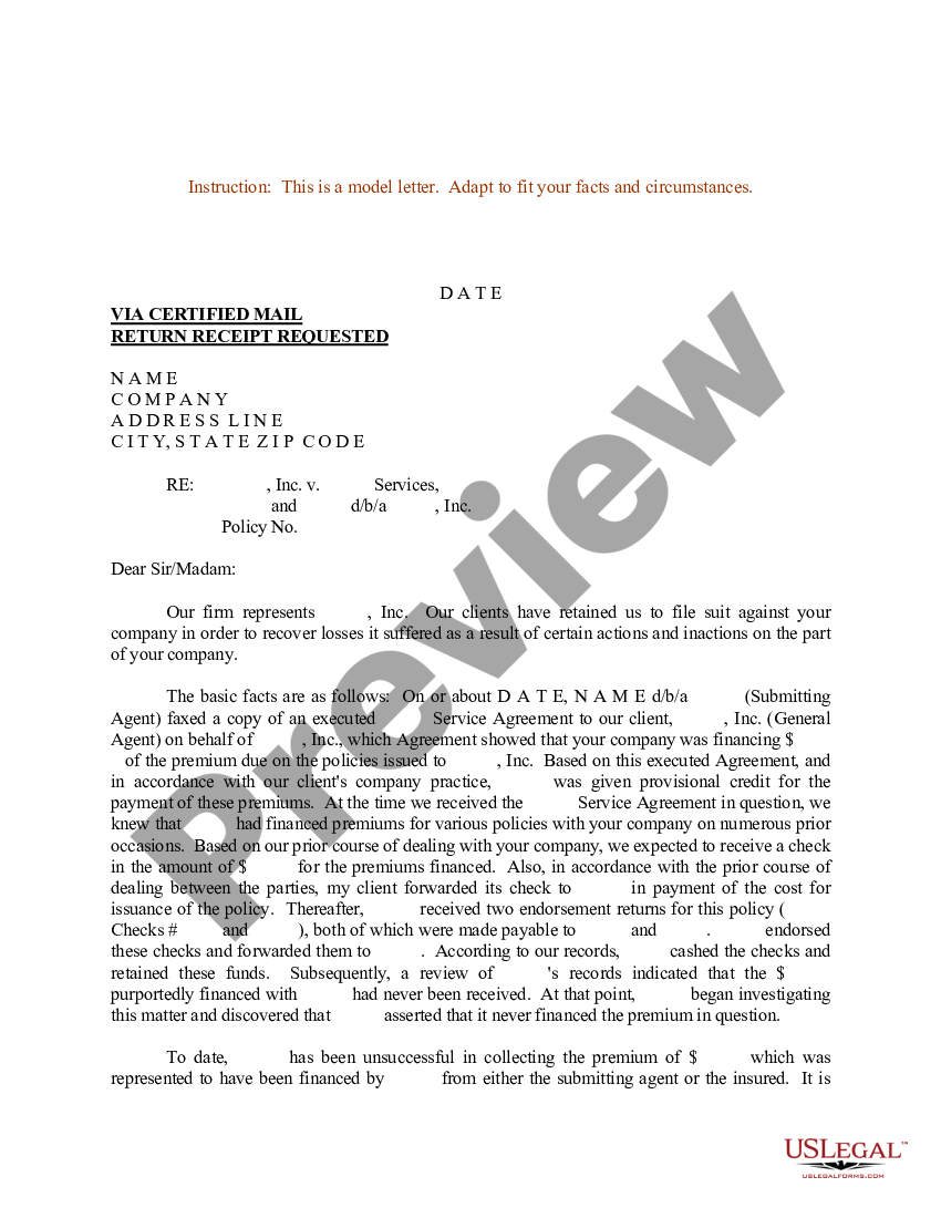 Sample Letter for Pending Litigation Involving a Service Agreement - No ...