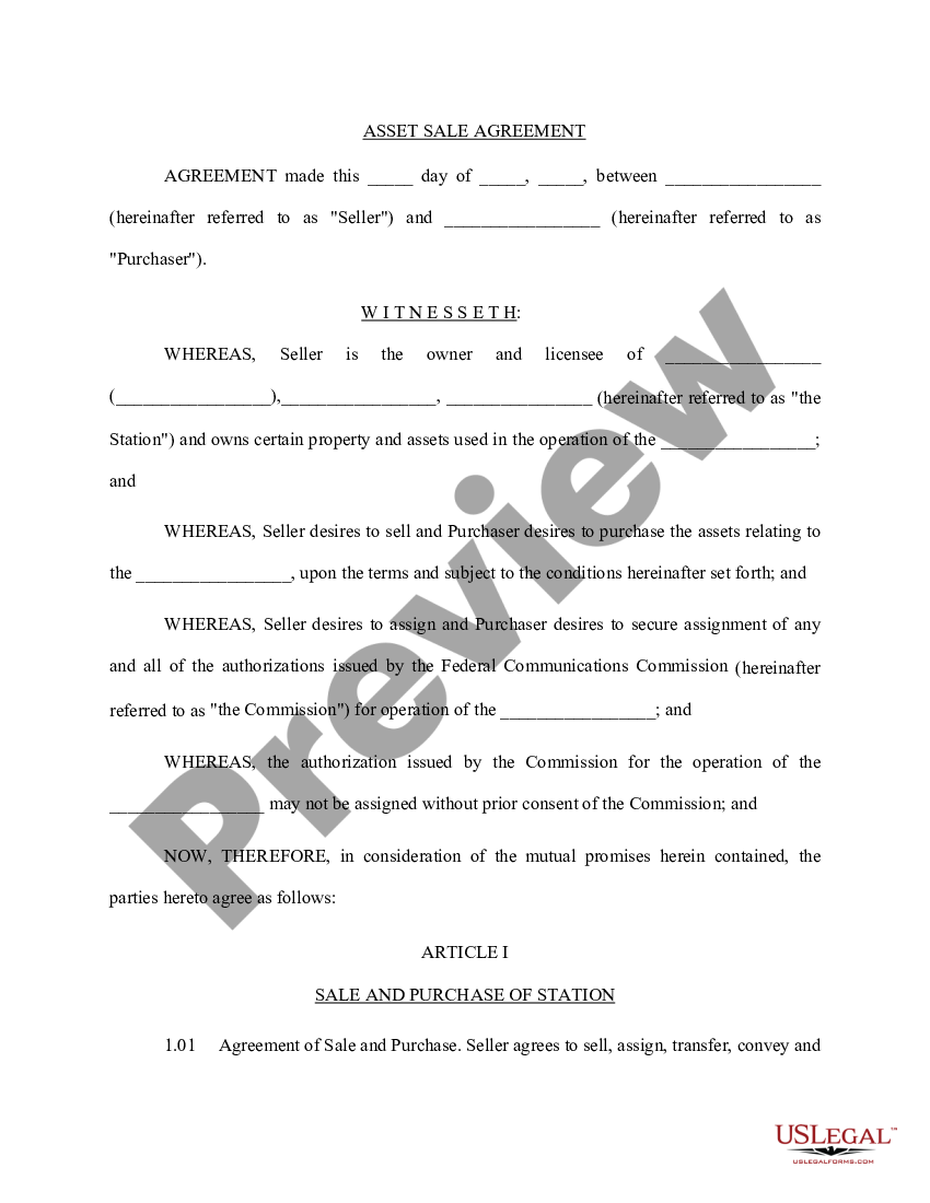 Hawaii Asset Sale Agreement - Asset Agreement Contract | US Legal Forms