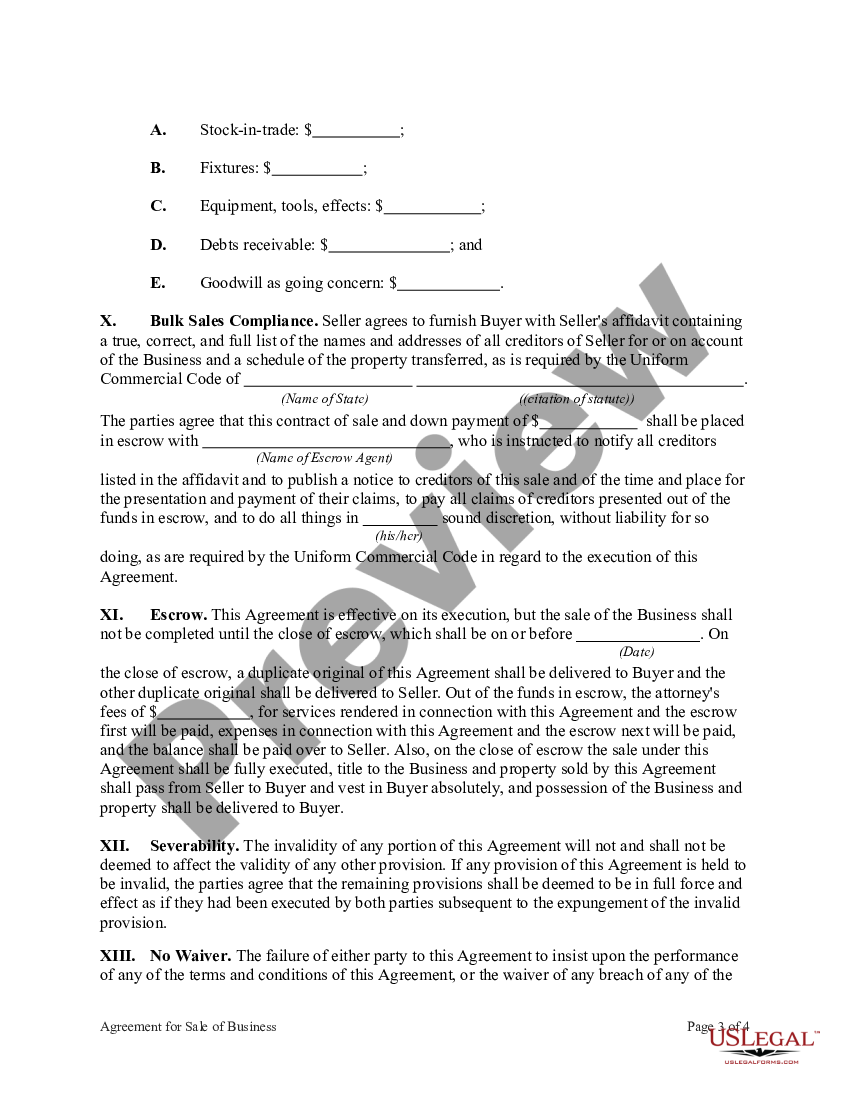 Agreement for Sale of Business by Sole Proprietorship with Closing in ...