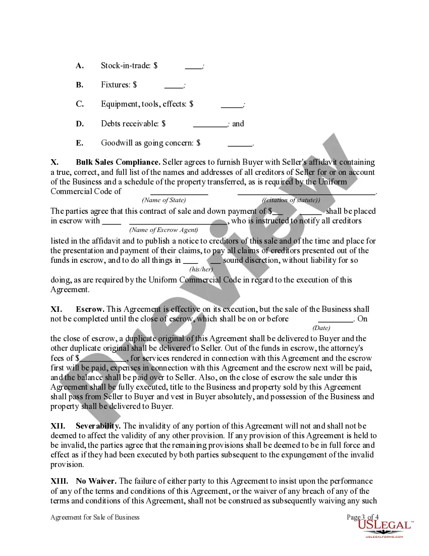 Preview Agreement for Sale of Business by Sole Proprietorship with Closing in Escrow to Comply with Bulk Sales Law