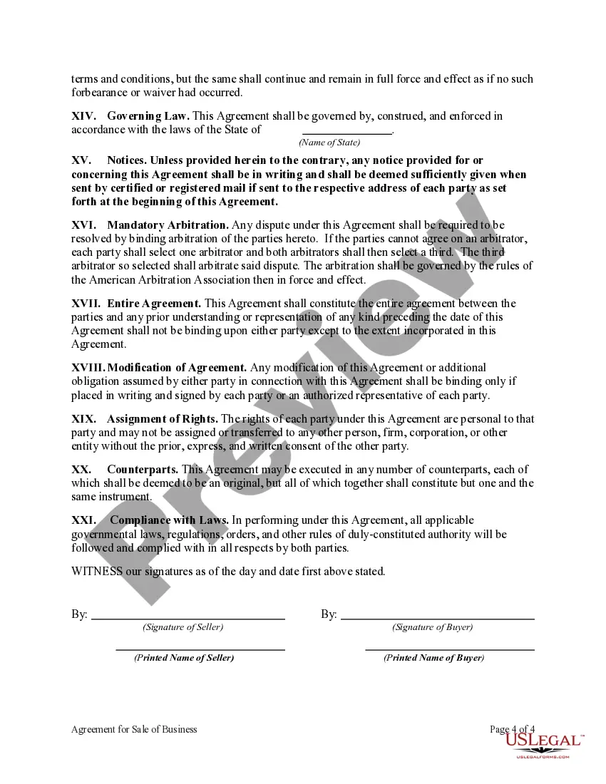 Preview Agreement for Sale of Business by Sole Proprietorship with Closing in Escrow to Comply with Bulk Sales Law