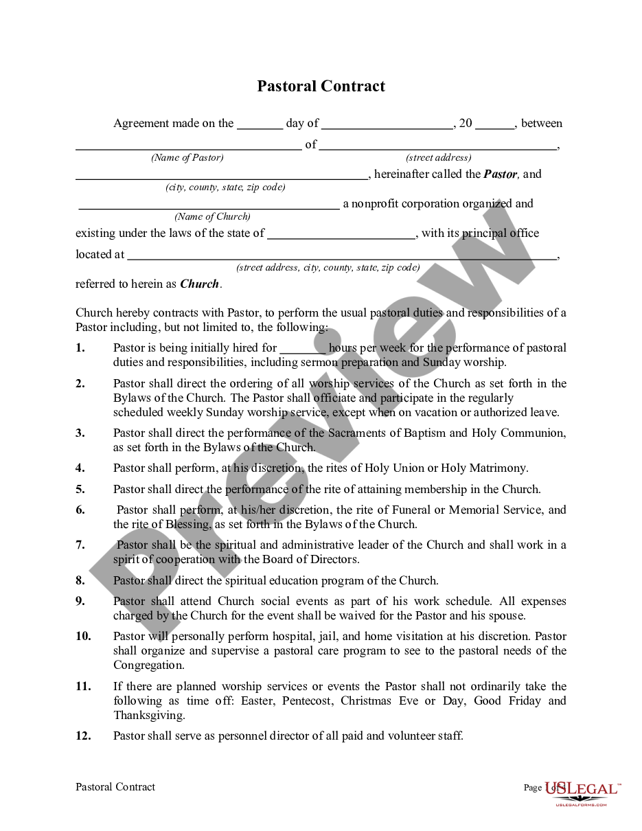 Pastoral Contract With Church US Legal Forms