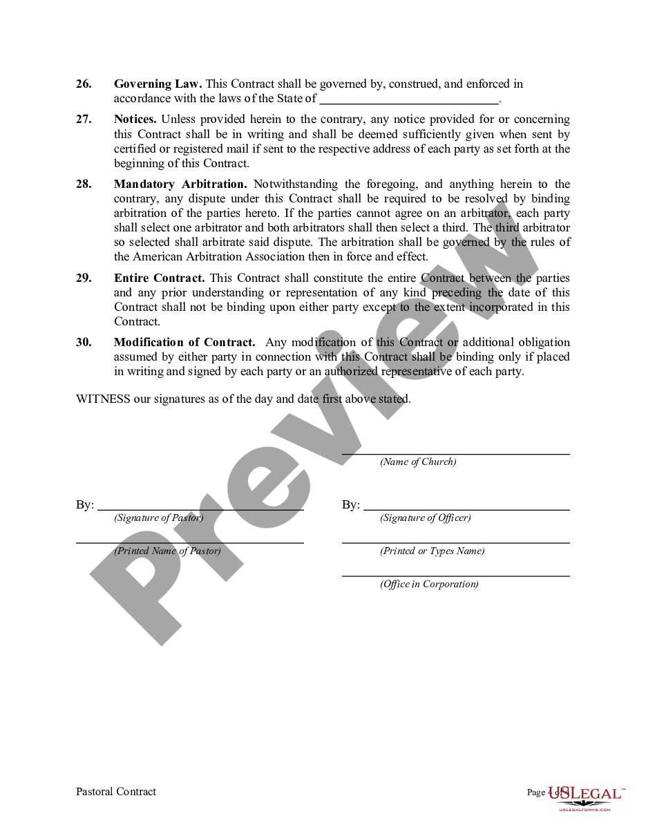 Pastoral Contract With Church US Legal Forms
