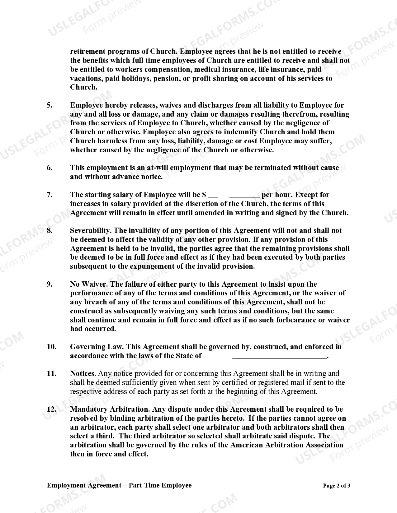 Preview Employment Agreement of Part Time Church Employee and Indemnification