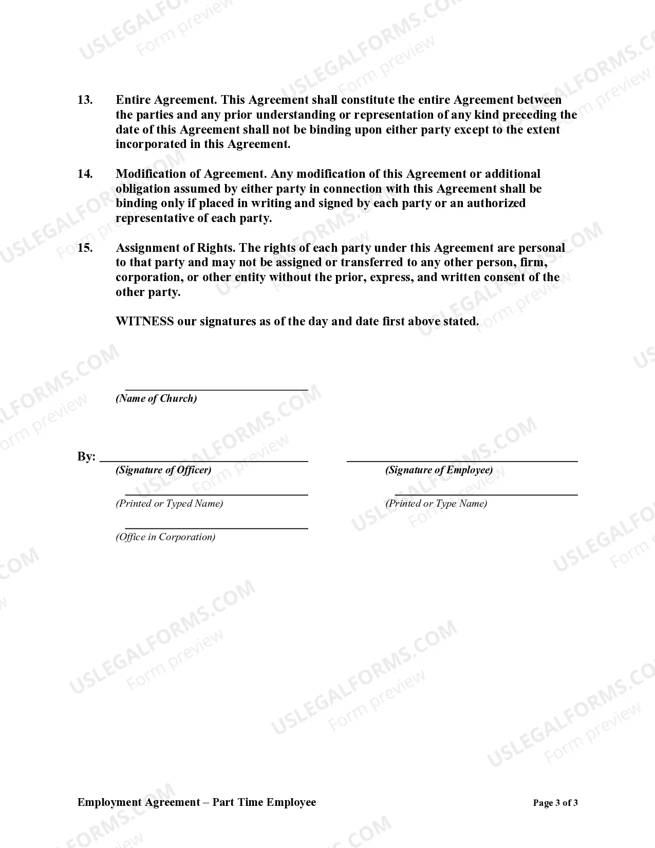 Preview Employment Agreement of Part Time Church Employee and Indemnification