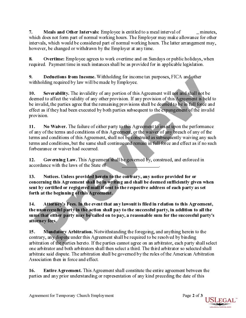 Preview Agreement for Temporary Church Employment
