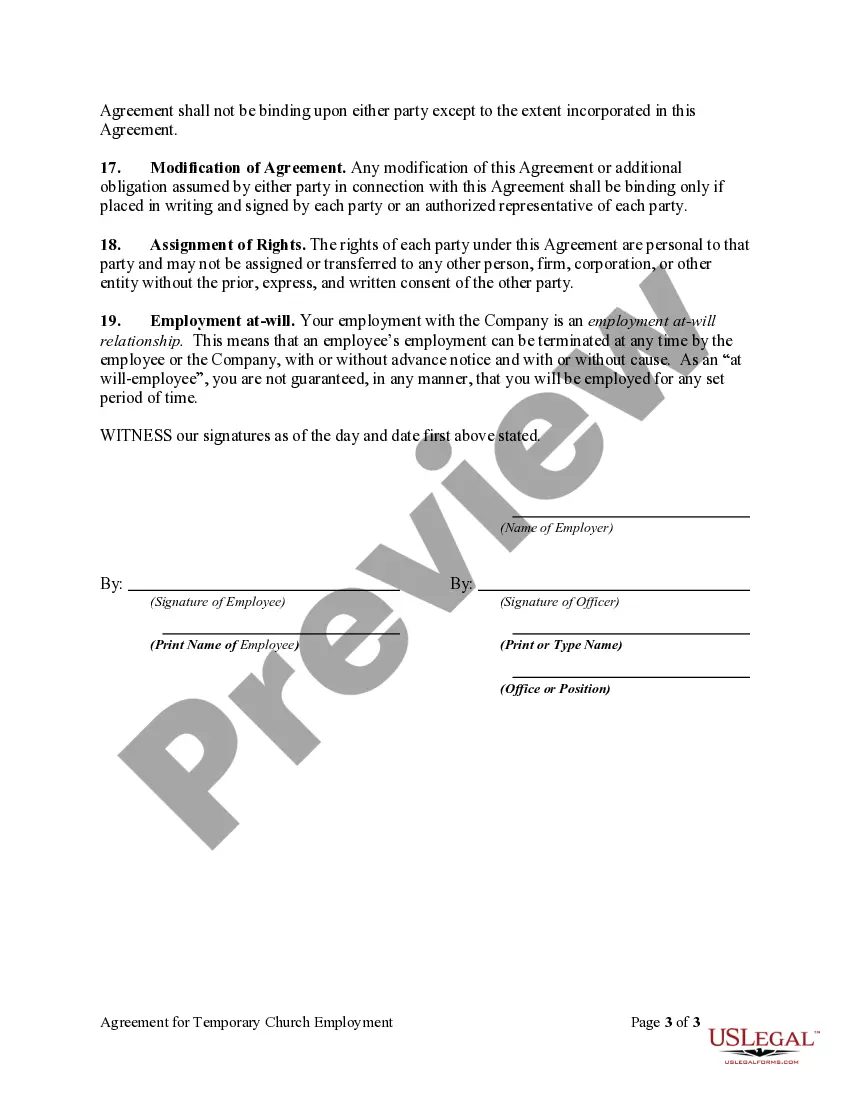 Preview Agreement for Temporary Church Employment