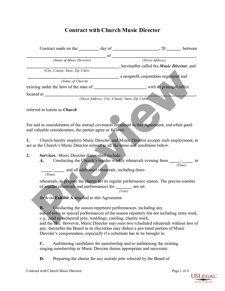 Contract With Church Music Director - Church Musician Contract Template | Us Legal Forms