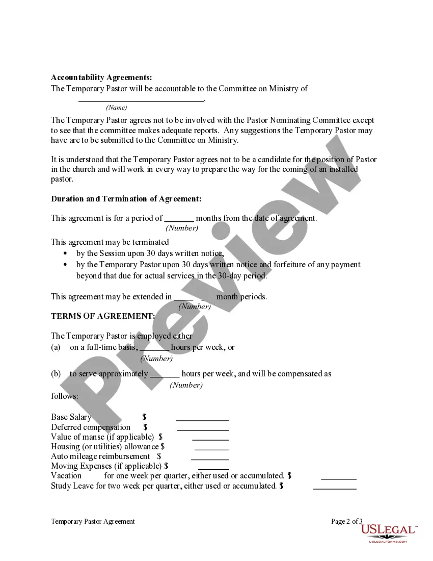 Preview Temporary Pastor Agreement