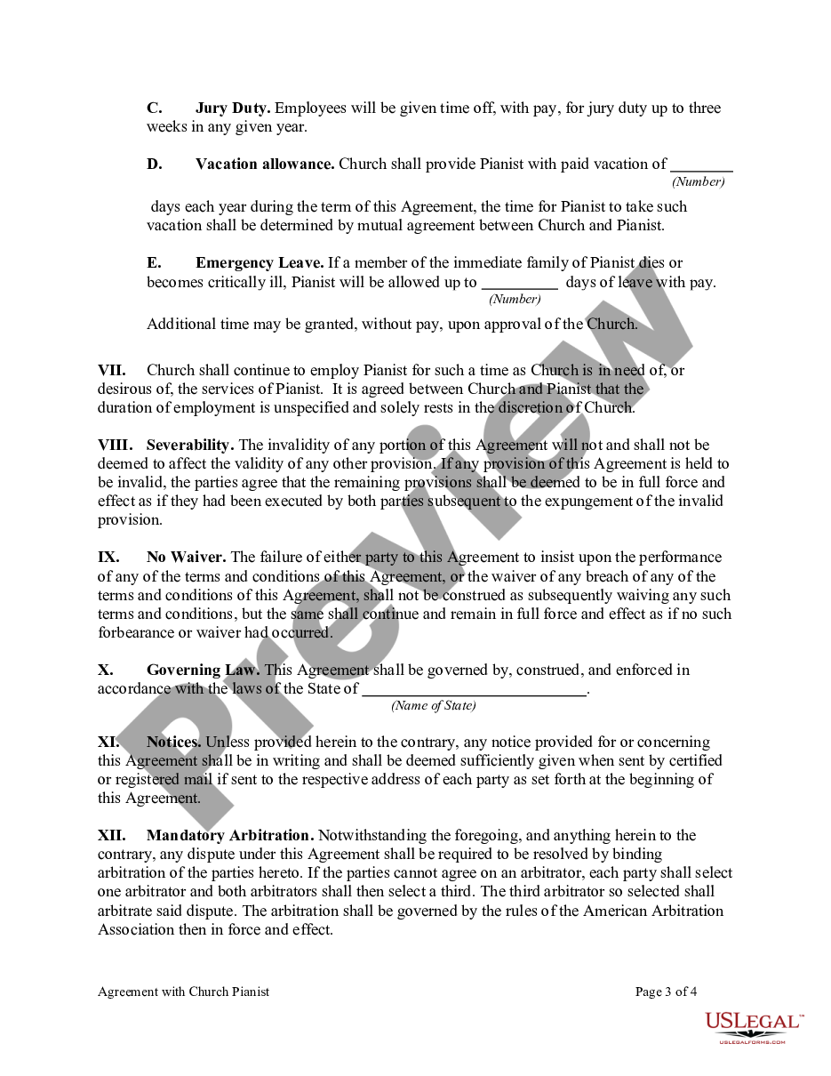 Agreement With Church Pianist - Church Musician Contract | Us Legal Forms