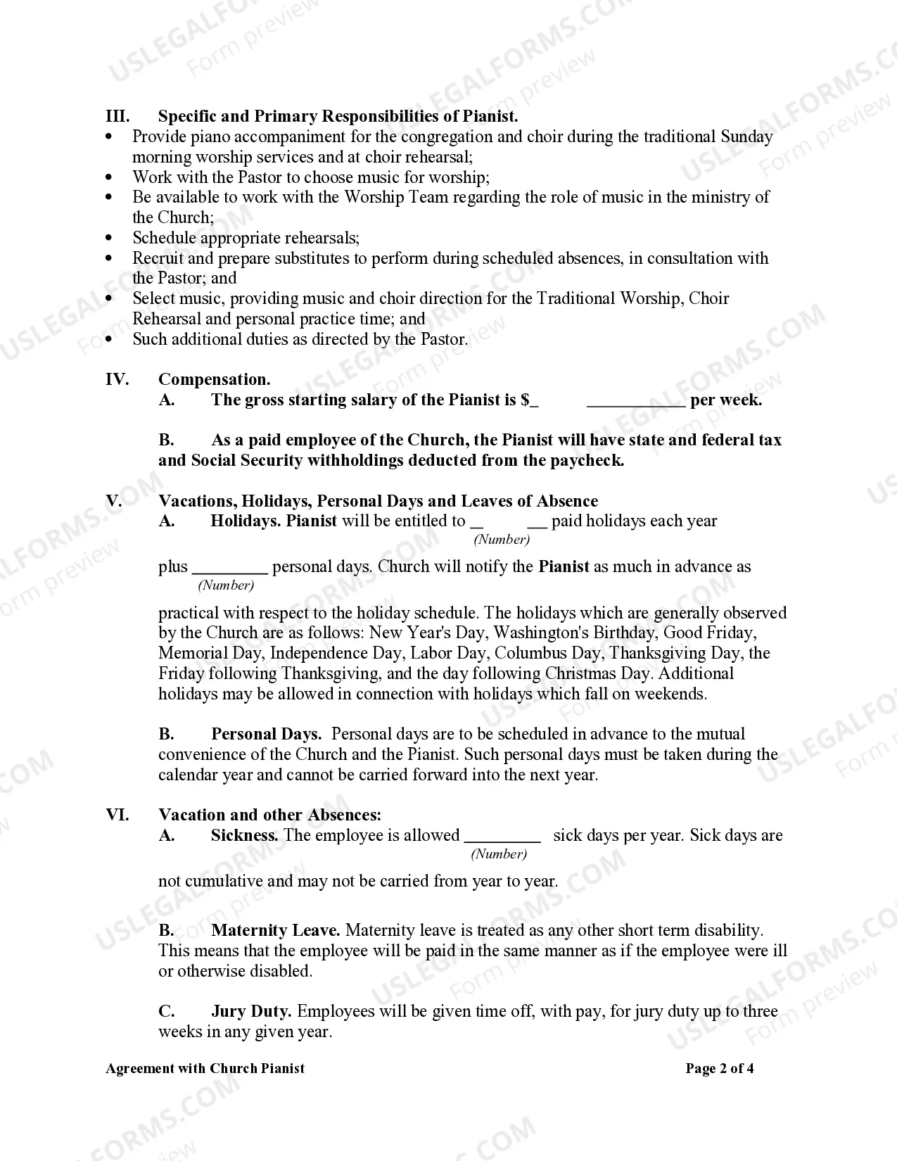 Preview Agreement with Church Pianist