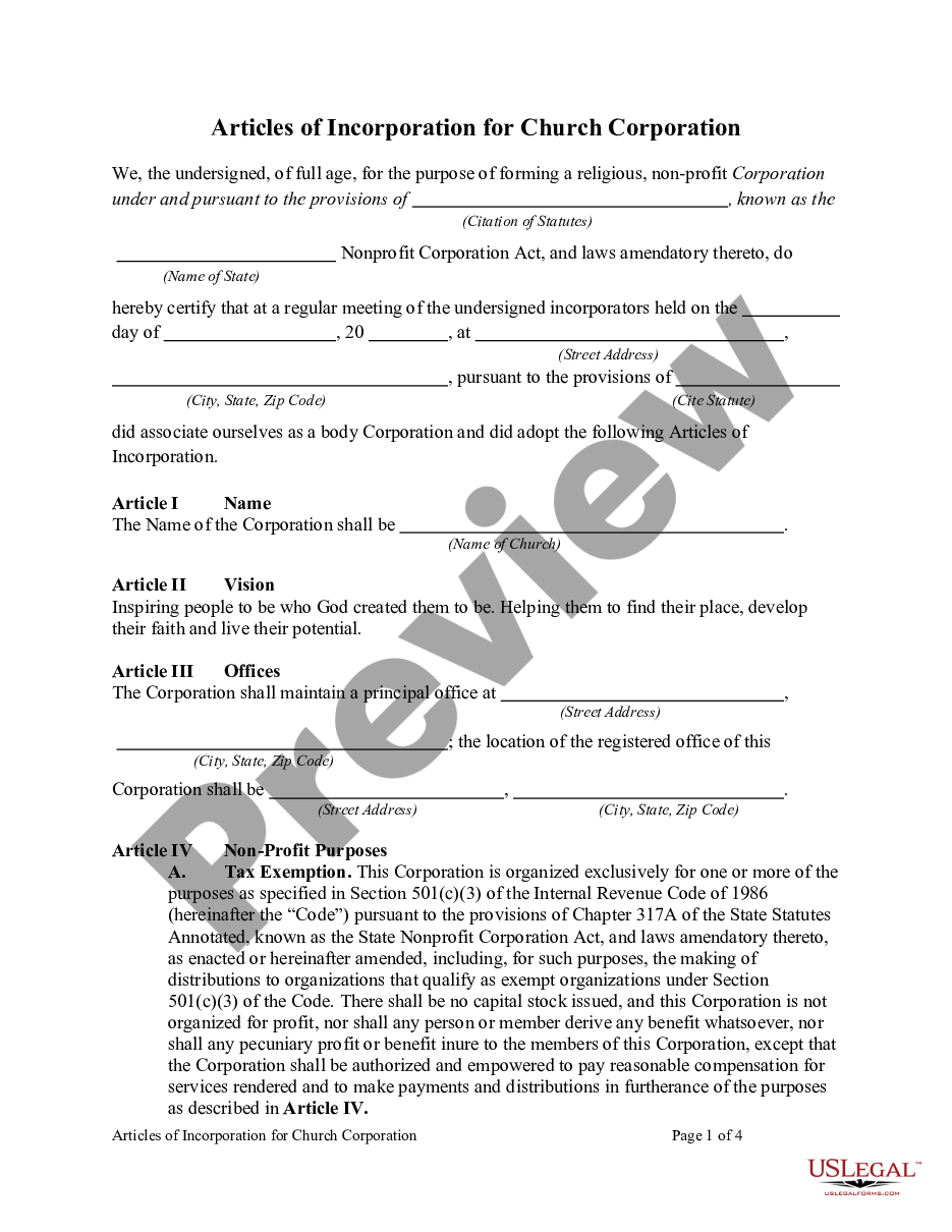 form Articles of Incorporation for Church Corporation preview