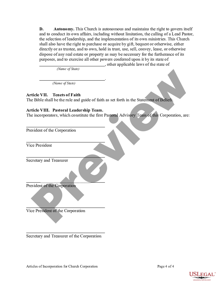 form Articles of Incorporation for Church Corporation preview