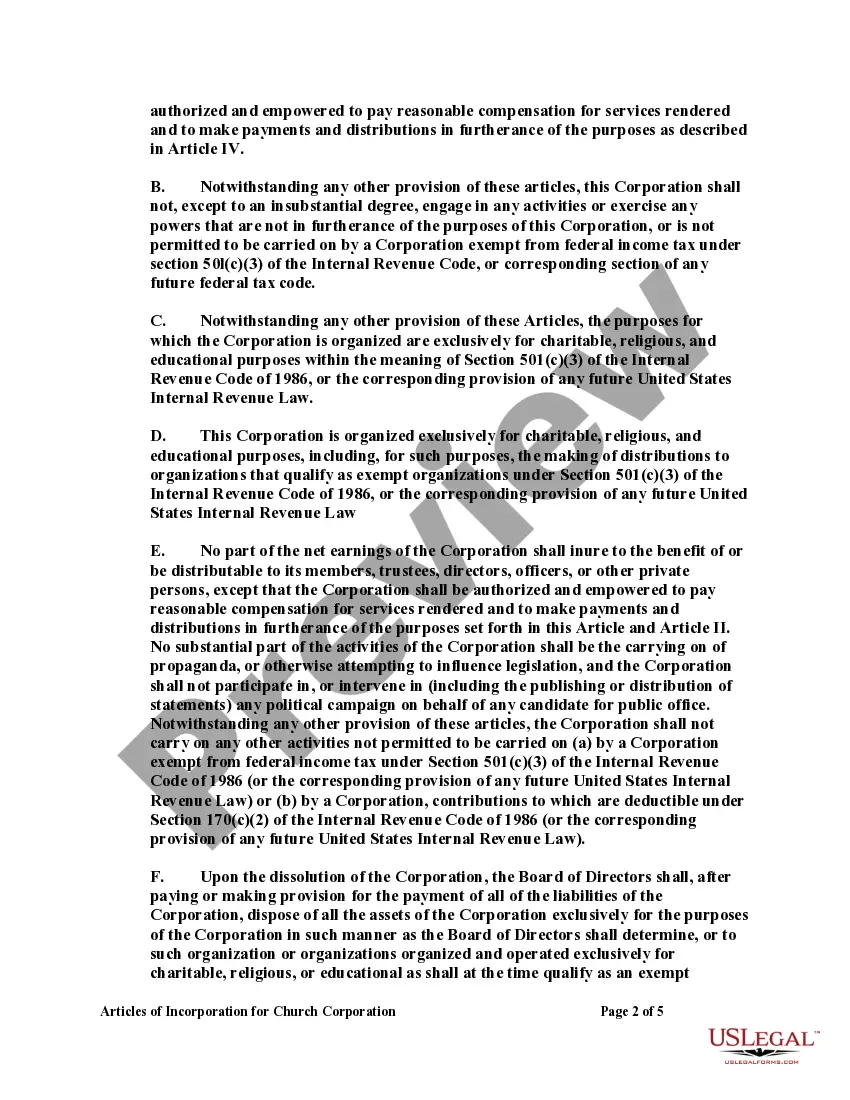 Preview Articles of Incorporation for Church Corporation