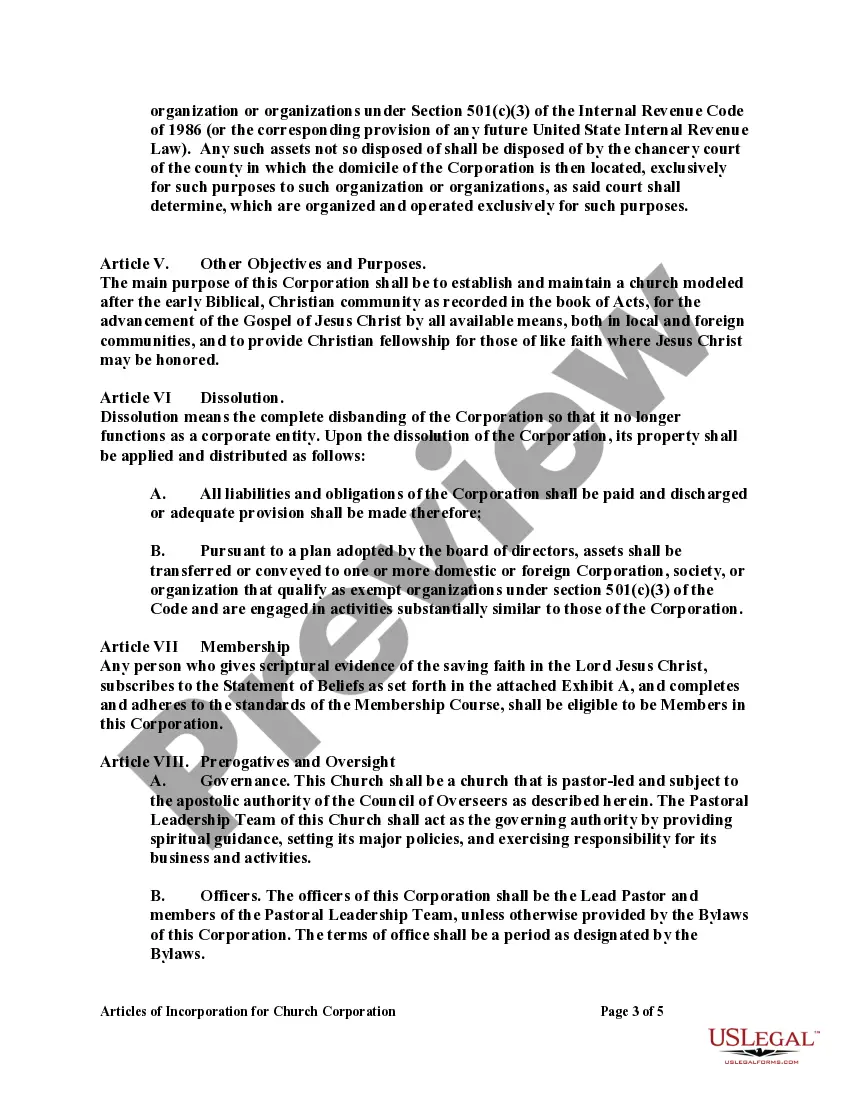 Preview Articles of Incorporation for Church Corporation