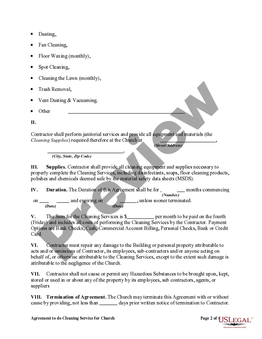 Preview Agreement to do Cleaning Service for Church