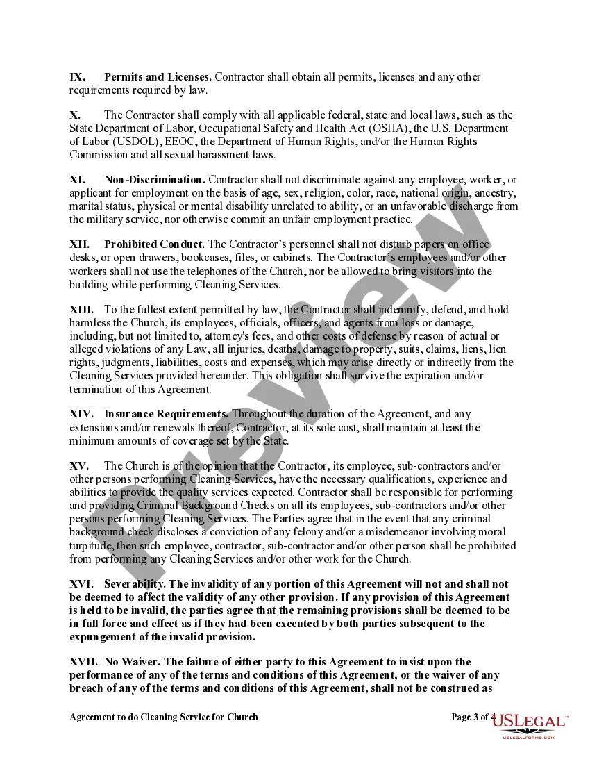 Preview Agreement to do Cleaning Service for Church