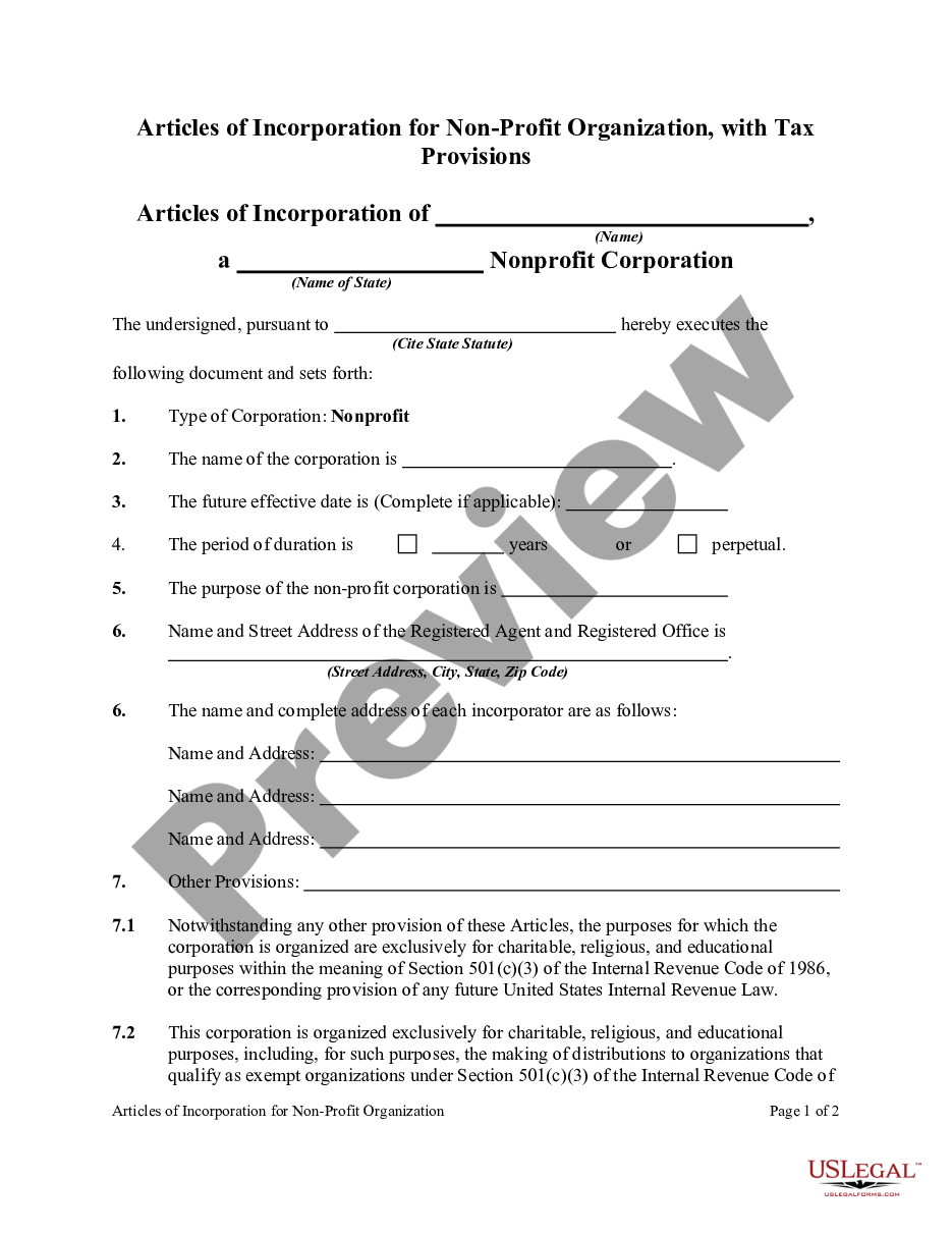 page 0 Articles of Incorporation for Non-Profit Organization, with Tax Provisions preview