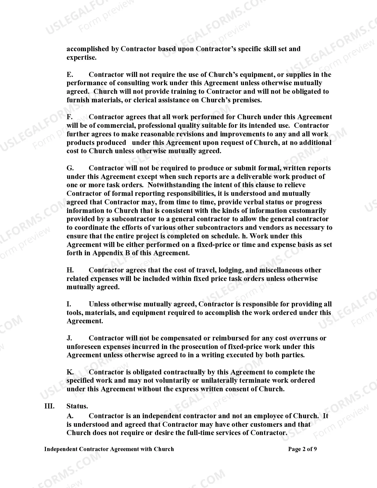 Preview Independent Contractor Agreement with Church