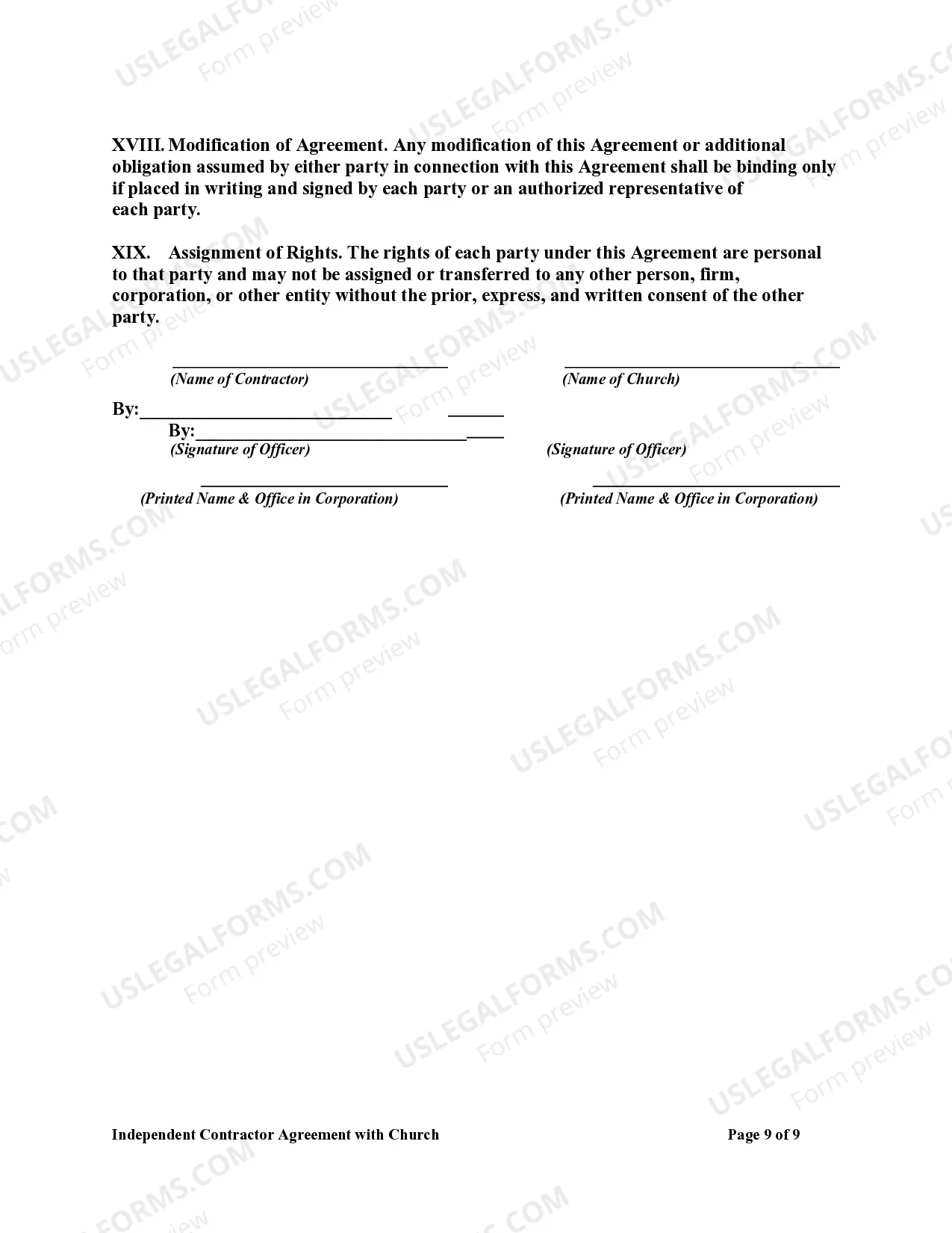 Preview Independent Contractor Agreement with Church