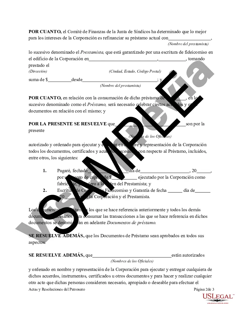 Preview Actas y Resoluciones de la Junta de Síndicos de una Sociedad Anónima sin Fines de Lucro Autorizando el Refinanciamiento de un Préstamo