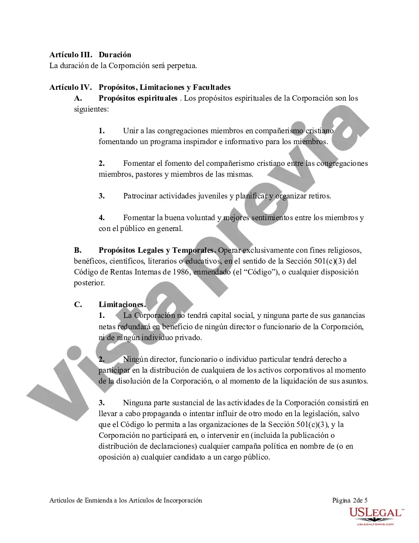 Preview Artículos de Enmienda a los Artículos de Incorporación de la Corporación sin Fines de Lucro de la Iglesia
