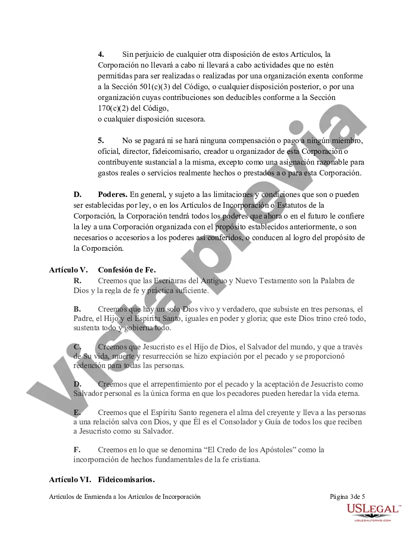 Preview Artículos de Enmienda a los Artículos de Incorporación de la Corporación sin Fines de Lucro de la Iglesia