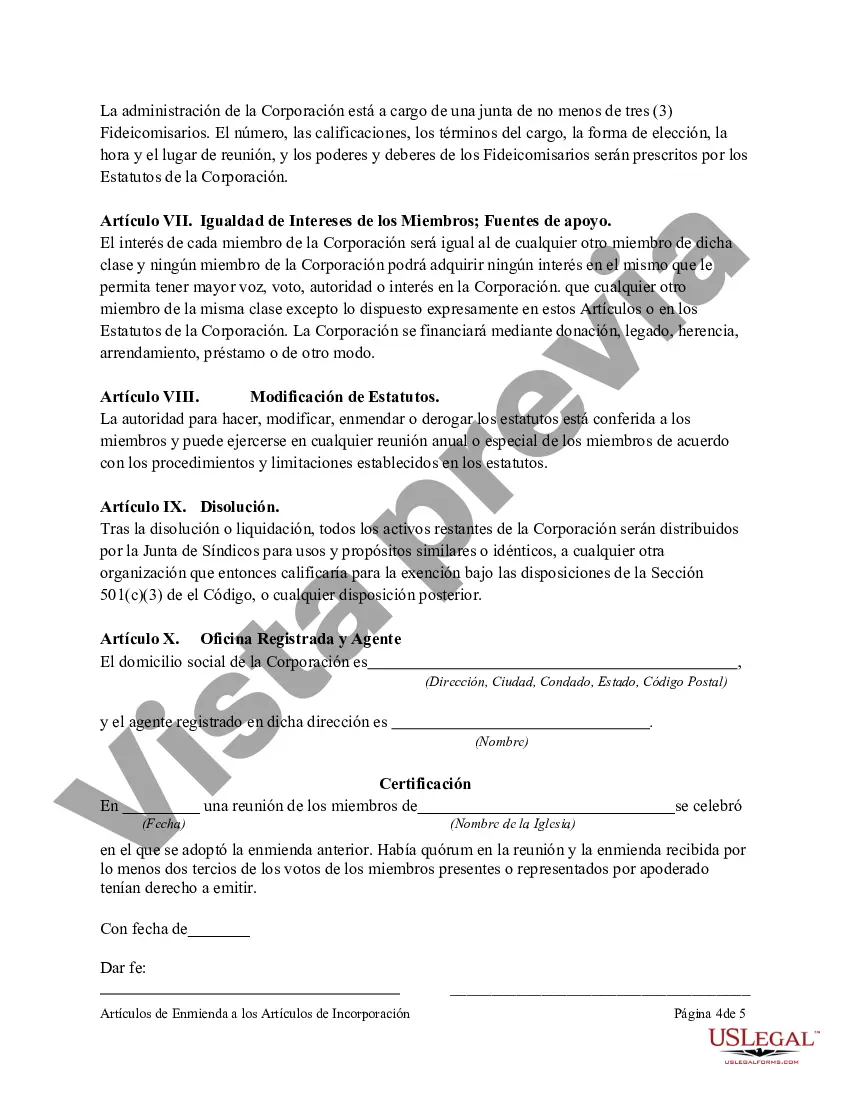 Preview Artículos de Enmienda a los Artículos de Incorporación de la Corporación sin Fines de Lucro de la Iglesia