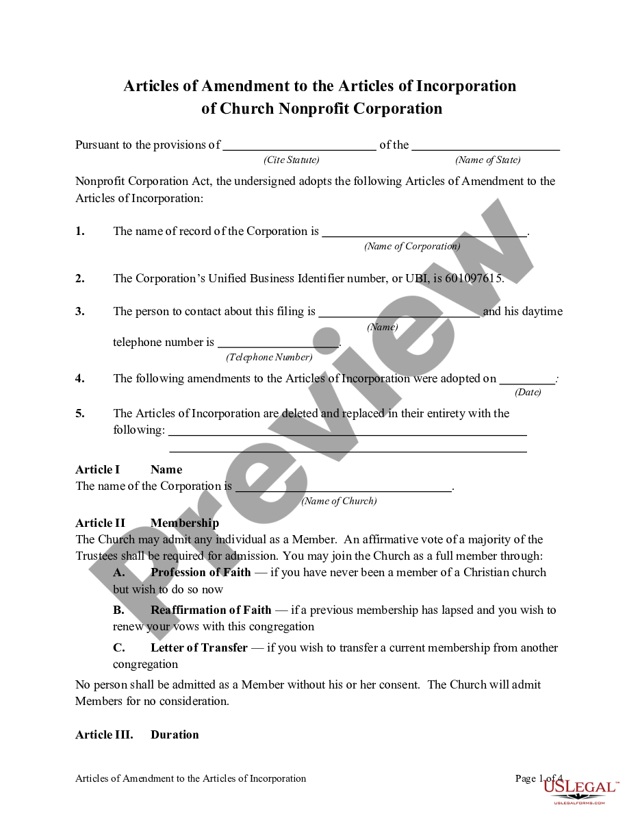 page 0 Articles of Amendment to the Articles of Incorporation of Church Non-Profit Corporation preview