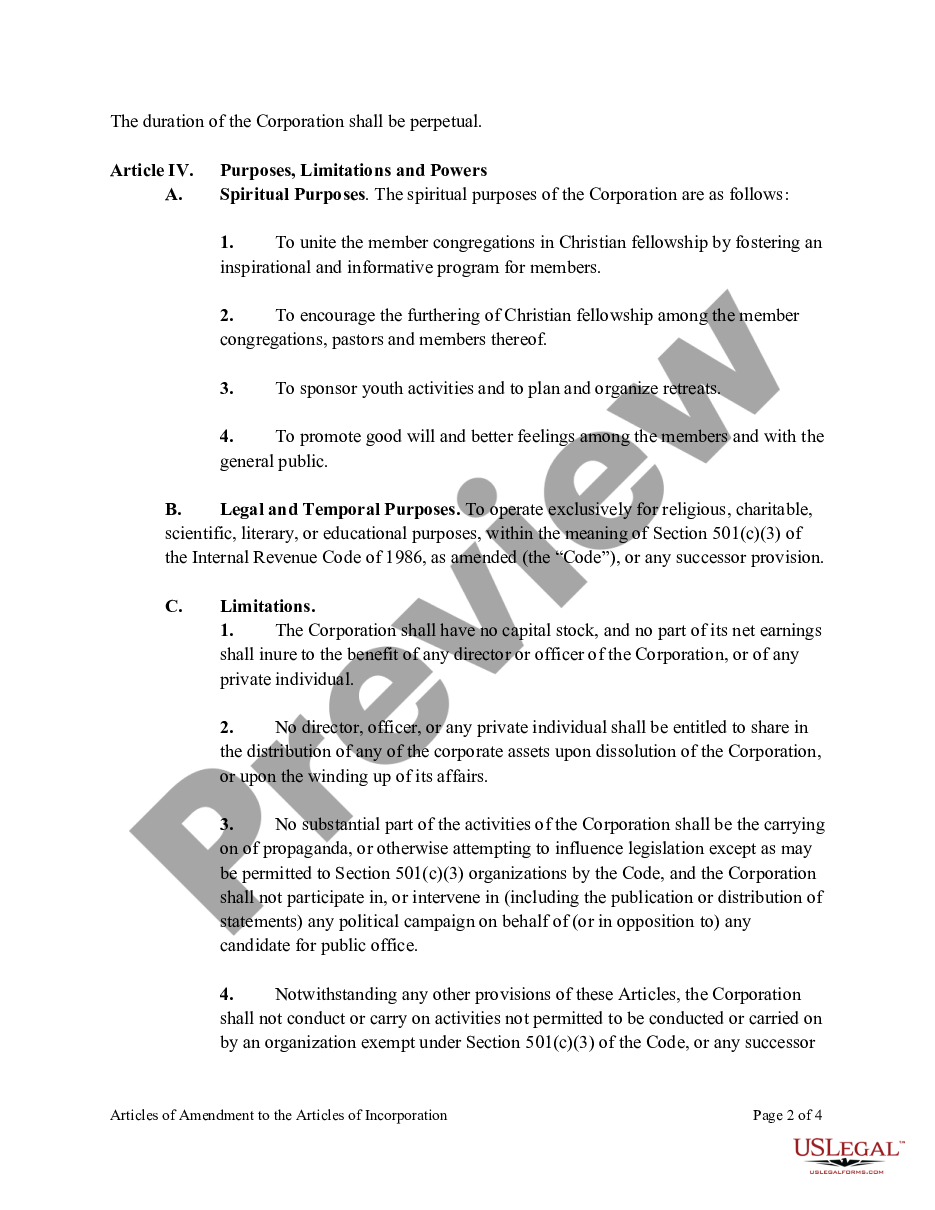 page 1 Articles of Amendment to the Articles of Incorporation of Church Non-Profit Corporation preview