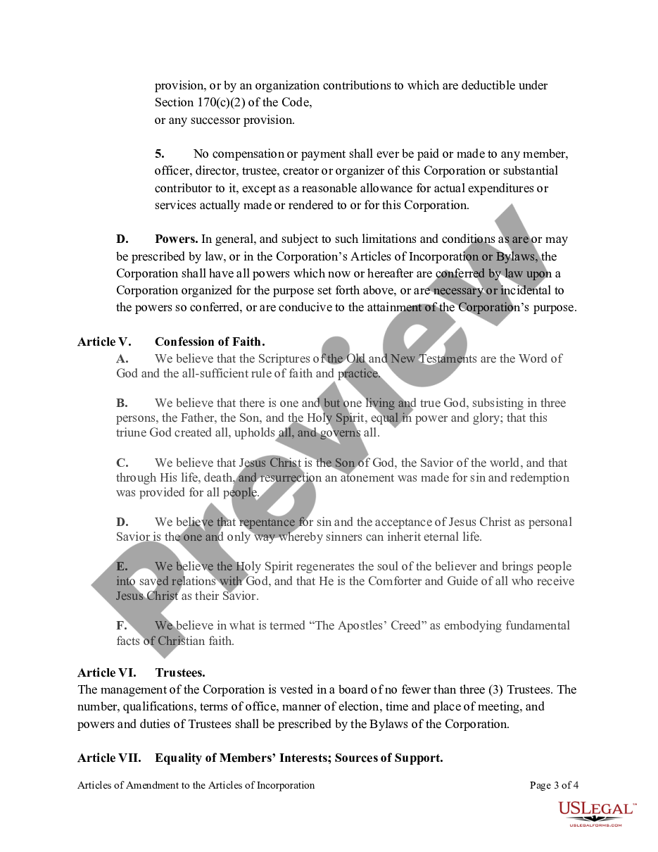 page 2 Articles of Amendment to the Articles of Incorporation of Church Non-Profit Corporation preview