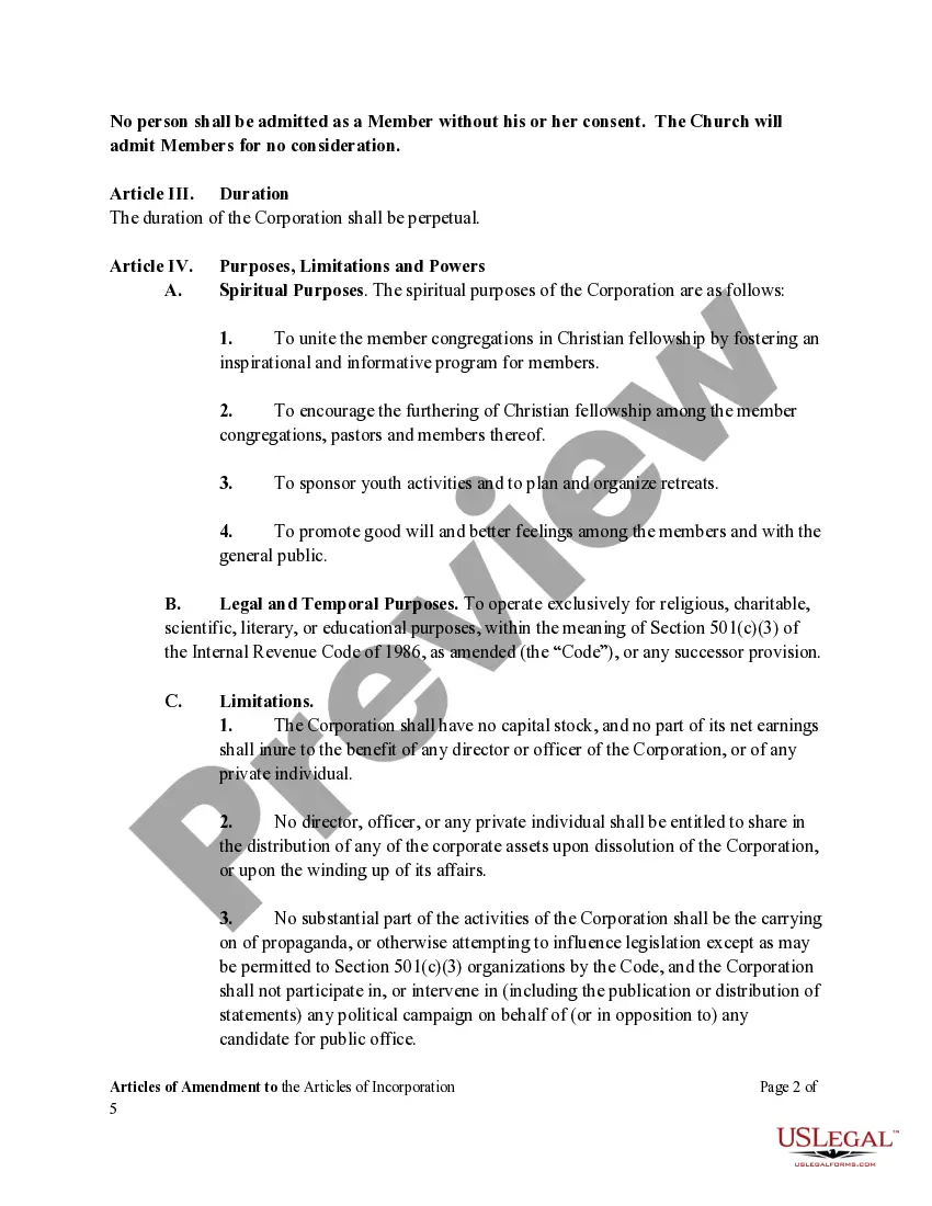 Get Articles of Amendment to the Articles of Incorporation of Church Non-Profit Corporation Preview Articles of Amendment to the Articles of Incorporation of Church Non-Profit Corporation