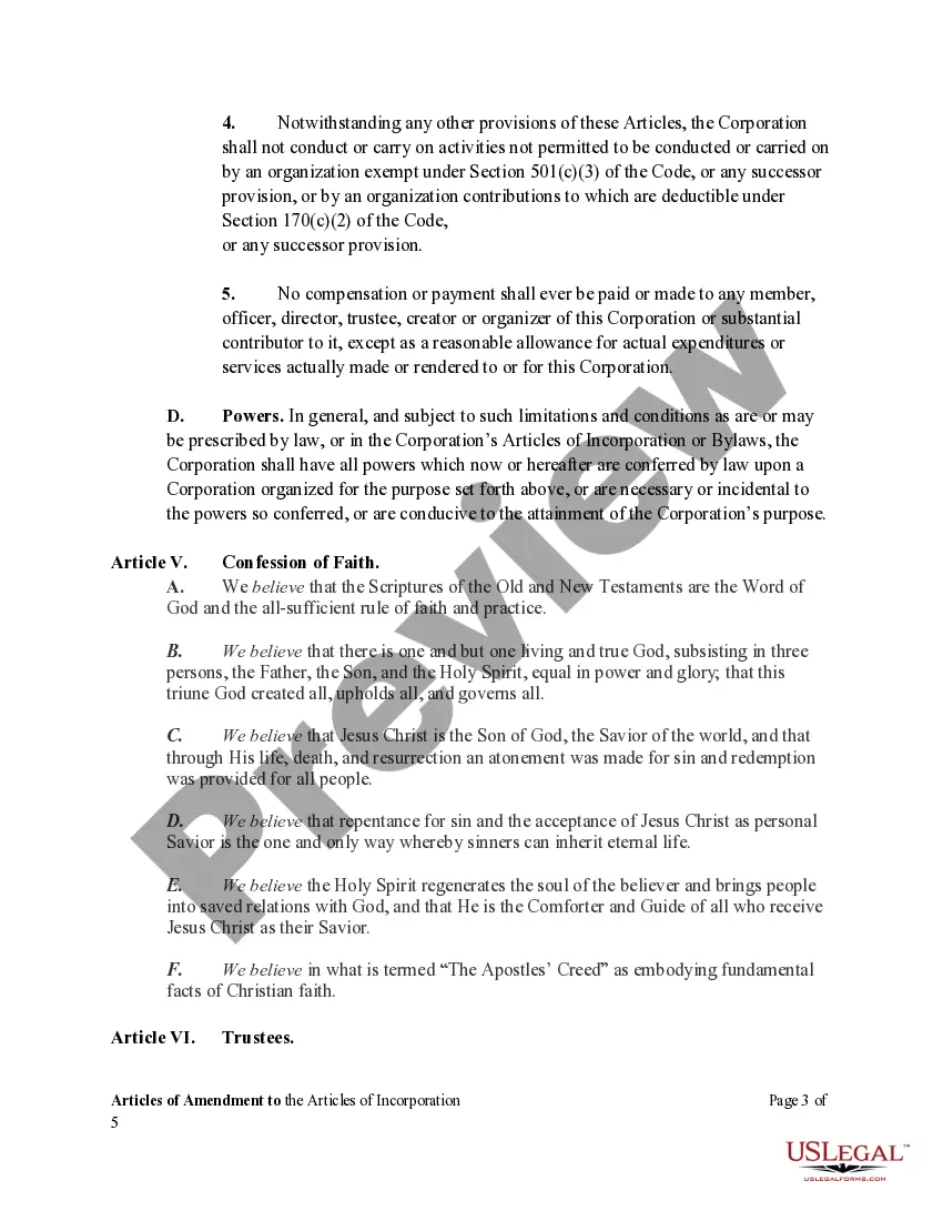 Get Articles of Amendment to the Articles of Incorporation of Church Non-Profit Corporation Preview Articles of Amendment to the Articles of Incorporation of Church Non-Profit Corporation