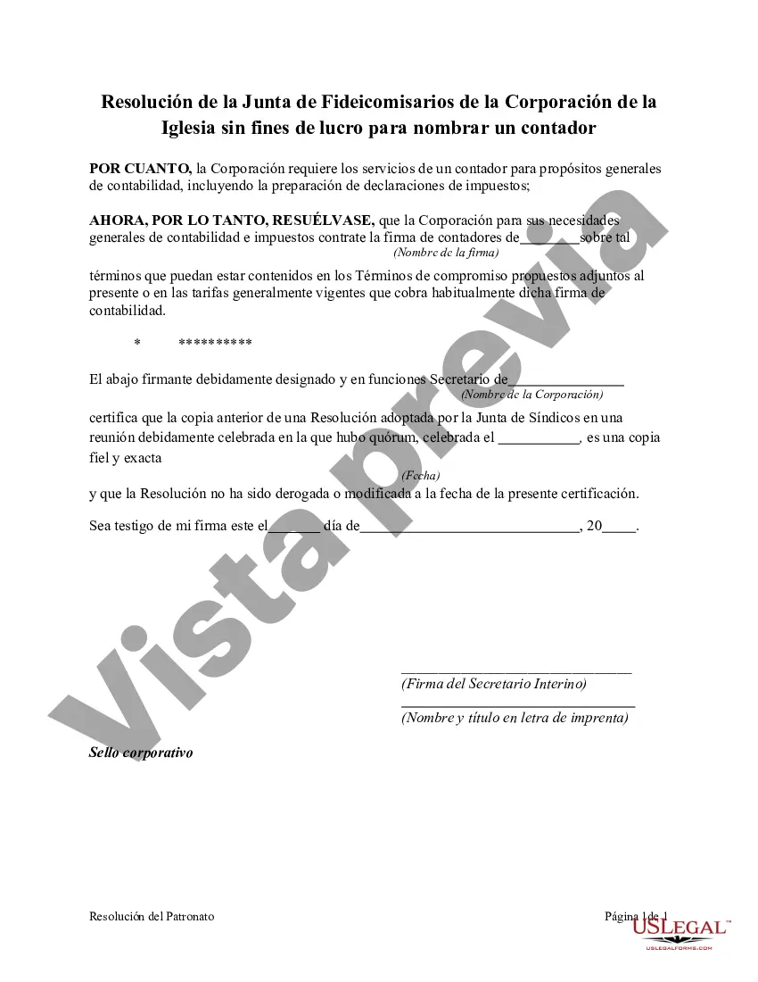 Preview Resolución de la Junta de Fideicomisarios de la Corporación de la Iglesia sin fines de lucro para nombrar un contador