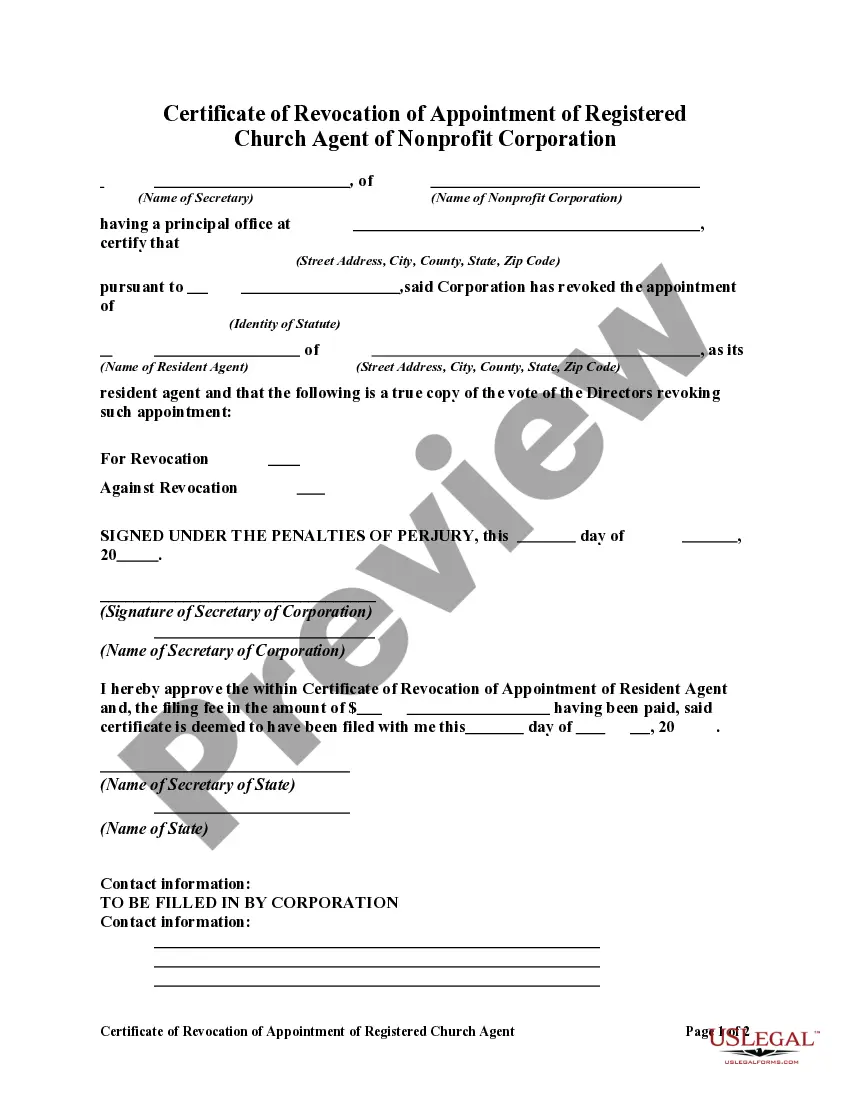 Preview Certificate of Revocation of Appointment of Registered Church Agent of Nonprofit Corporation