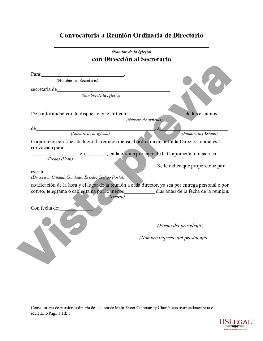 Preview Convocatoria de reunión ordinaria de la Junta de la Corporación de la Iglesia sin fines de lucro con instrucciones para el secretario