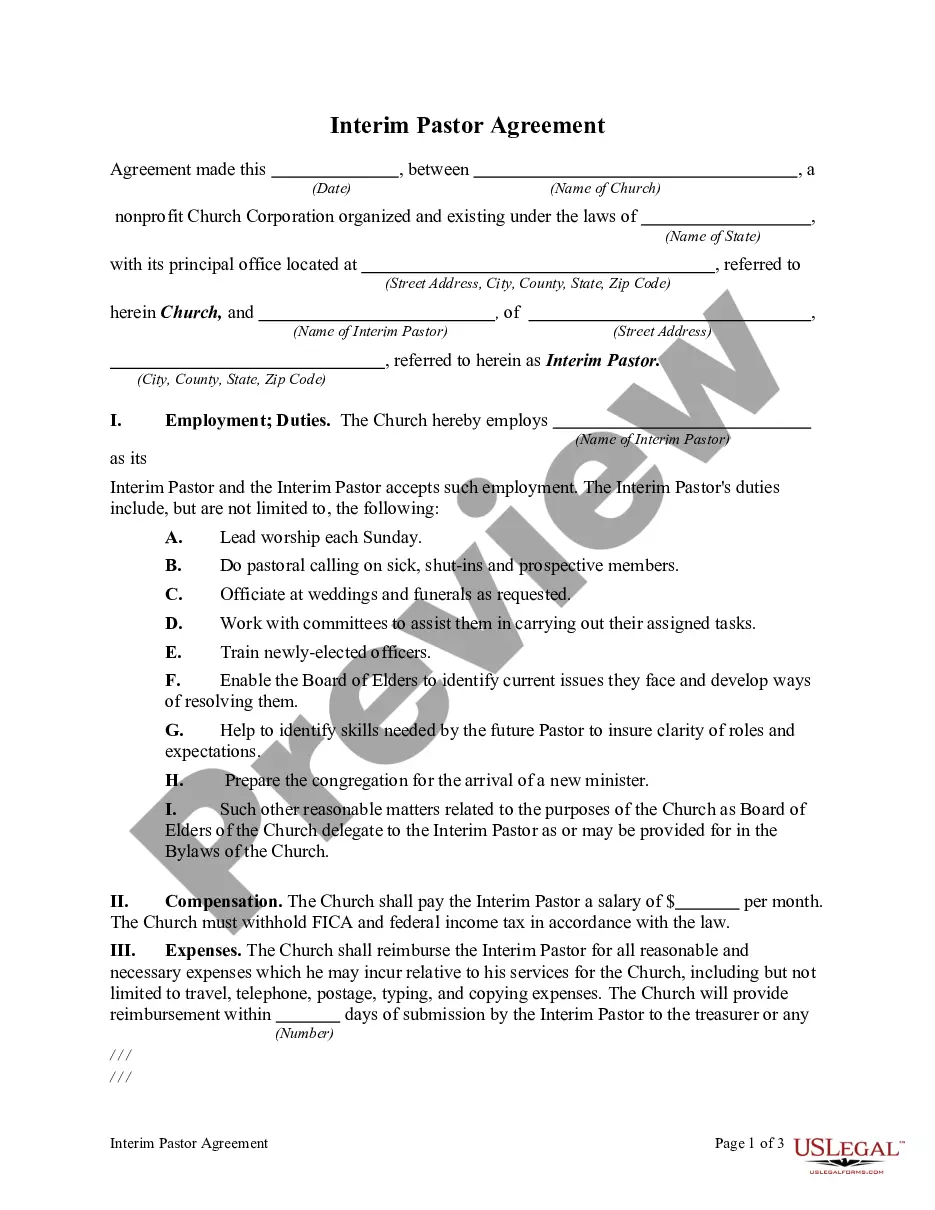 Interim Pastor Agreement Interim Pastor Agreement US Legal Forms