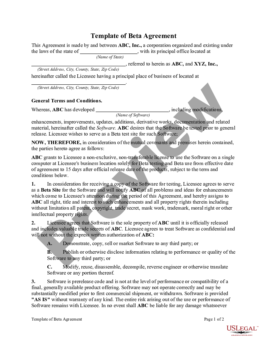 page 0 Template of Beta Agreement preview