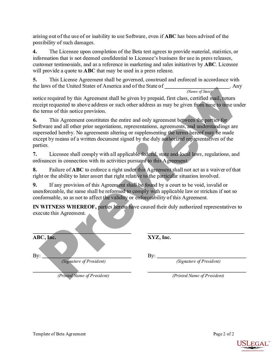 page 1 Template of Beta Agreement preview