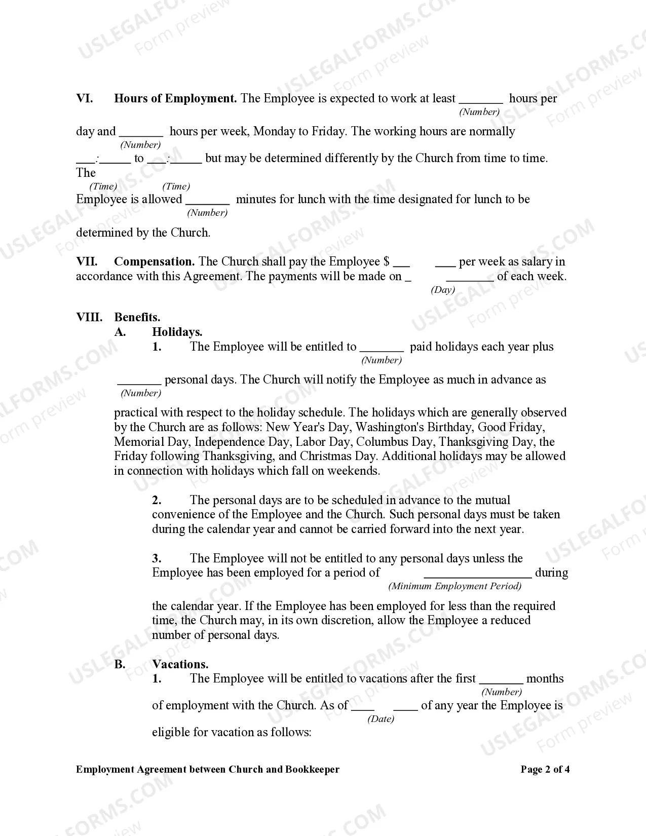 Preview Employment Agreement between Church and Bookkeeper