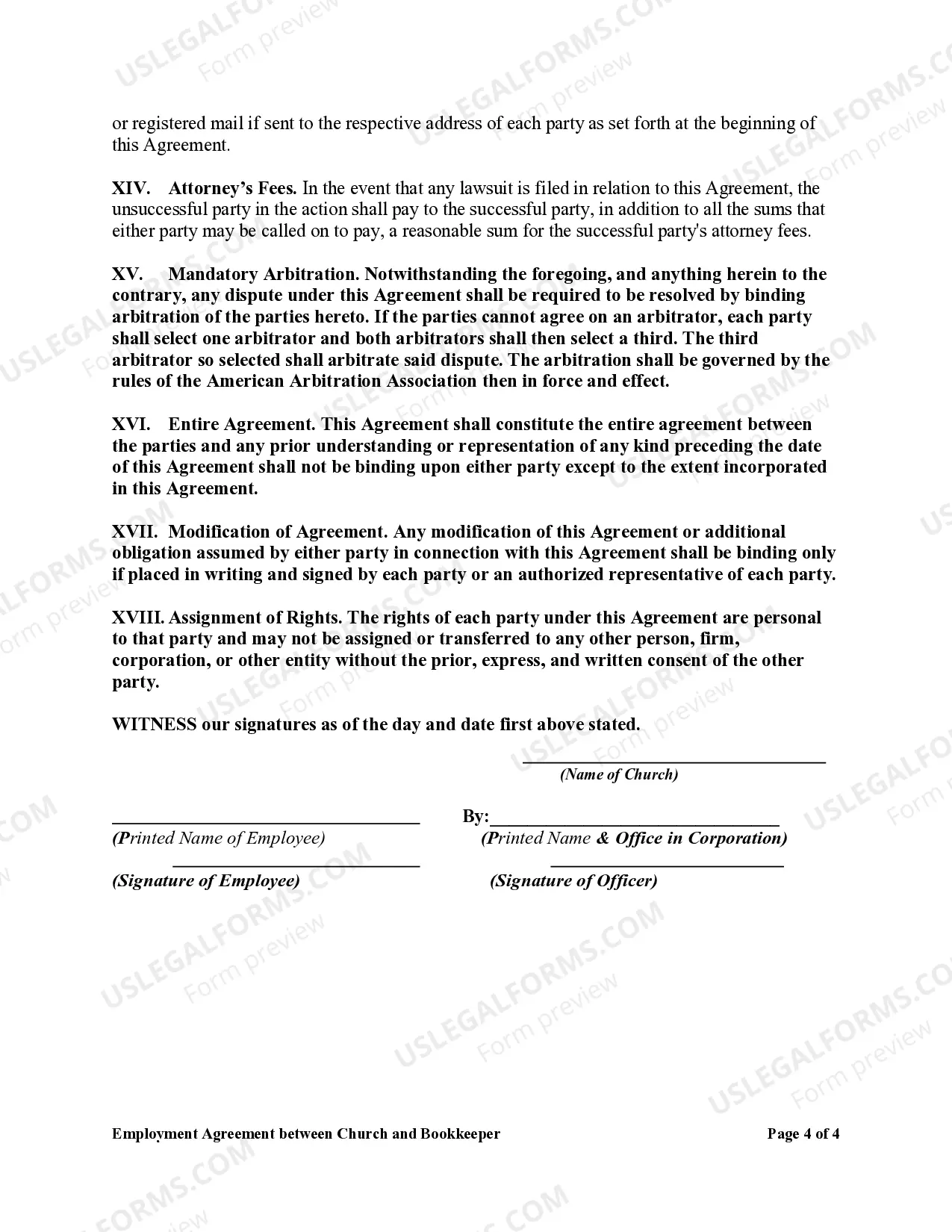 Preview Employment Agreement between Church and Bookkeeper