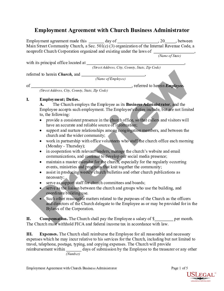 Louisiana Employment Agreement with Church Business Administrator ...